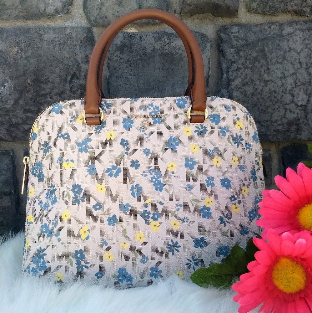 Michael Kors Blue Vanilla Large Floral Cindy Dome Satchel